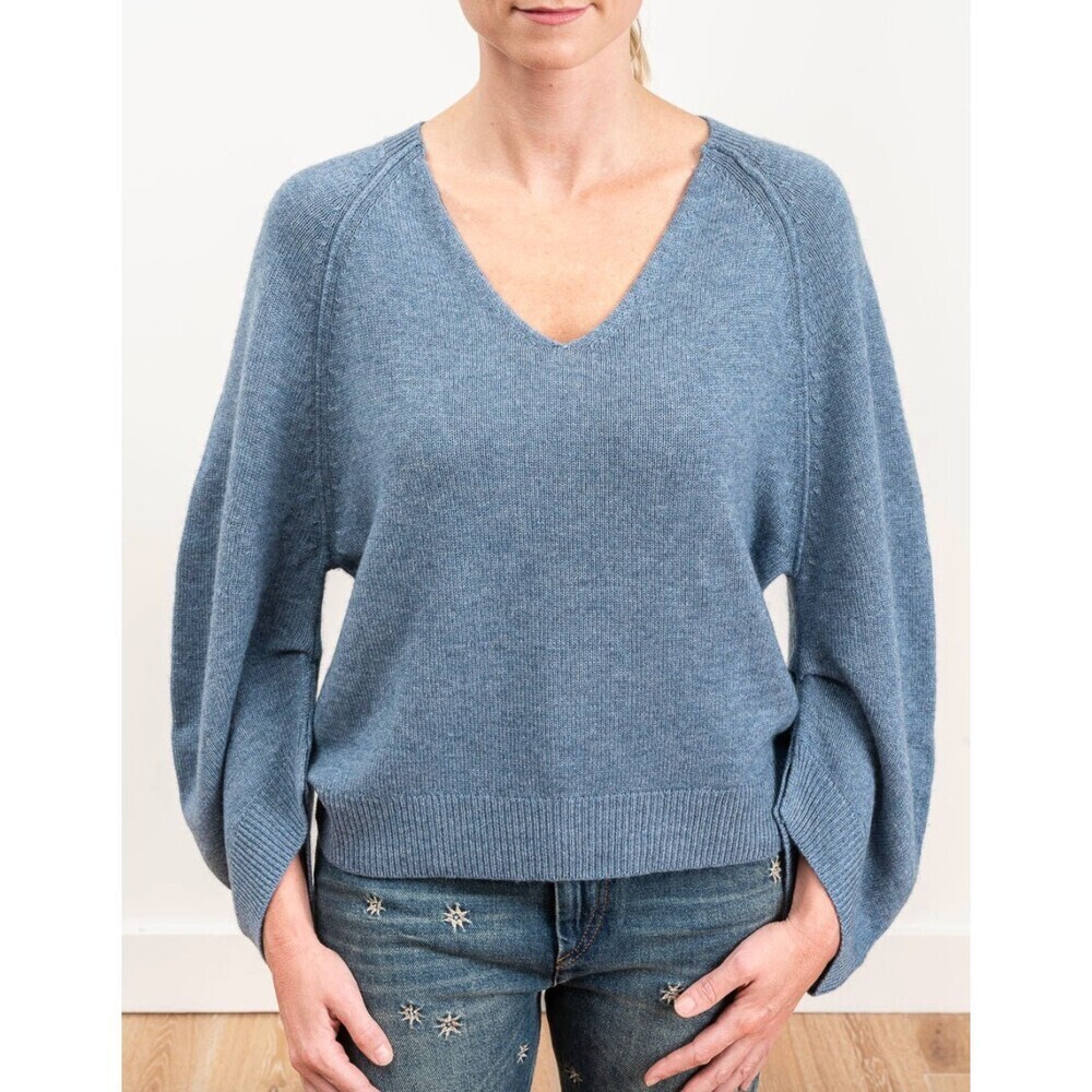 Brochu Walker Pia Sweater in Blue Melange Size Large V Neck Balloon Sleeves